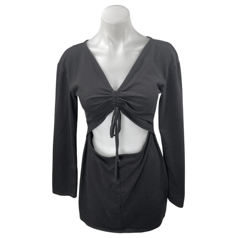H:ours Black Long Sleeve Tie V Neck Ruched Cutout Waist Mini Bodycon Dress Sz M